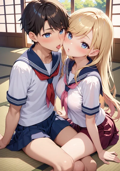 fellatio, lick up urasuji, girl, slender, busty, pale skin, blonde hair, long hair , swept bangs, straight hair , blue eyes, Slanted eyes , pink beige lip, excited,  ((blush)), looking ahead, school uniform, serafuku, pleated skirt, sailor collar, white sh...