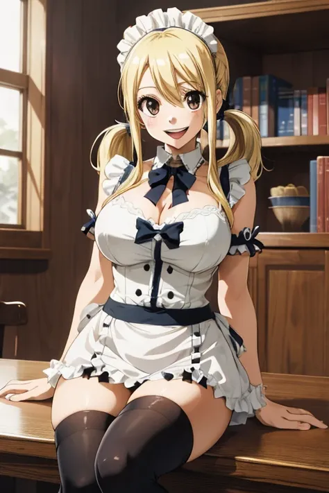 asterpiece, best quality, highres, lucy heartfilia, blonde hair, twintails, large breasts, black thighhighs, maid outfit , cowboy shot, indoors, sitting, reaching out, smile, open mouth,