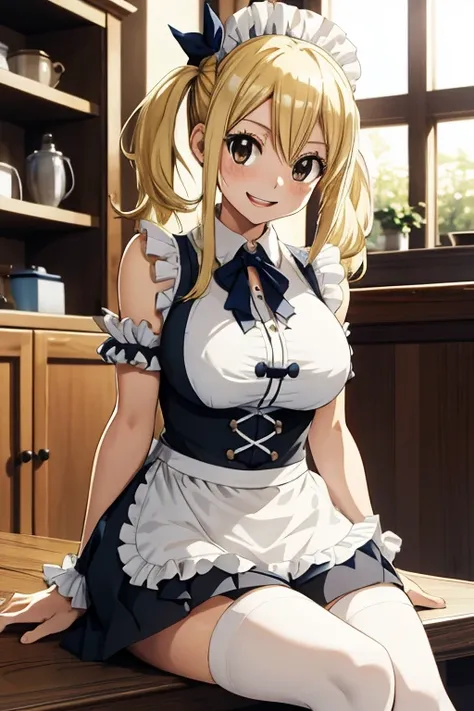 asterpiece, best quality, highres, lucy heartfilia, blonde hair, twintails, large breasts, black thighhighs, maid outfit , cowboy shot, indoors, sitting, reaching out, smile, open mouth,