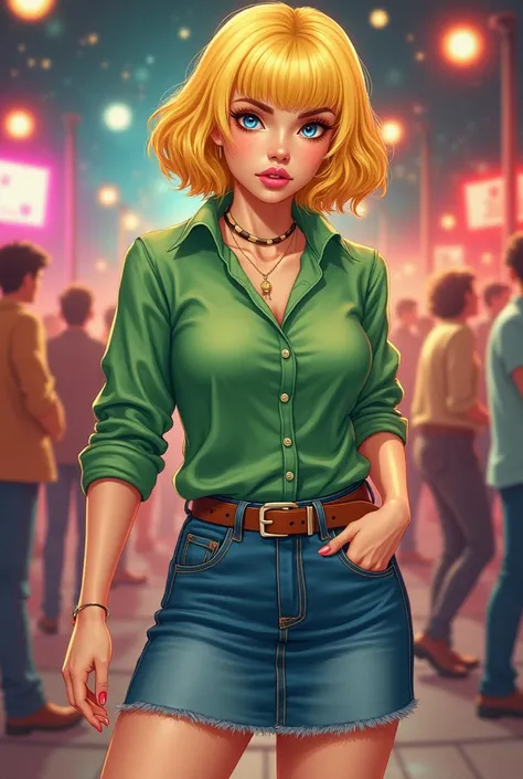 I draw a girl with a green shirt and a very tight jeans skirt with short yellow hair, a disco style and a brown belt, with few nervous critical features, medium size, pink lips. The character is very realistic and the background is disco