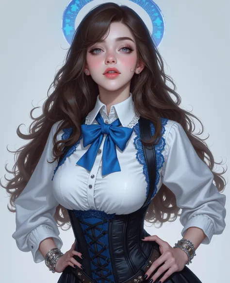 This is a highly detailed, digital illustration of a young woman in a blue, black and white suit, created in a hyper-realistic, photorealistic style. The subject is a fair-skinned woman with a pale complexion, long, wavy brown hair with a light blue halo f...