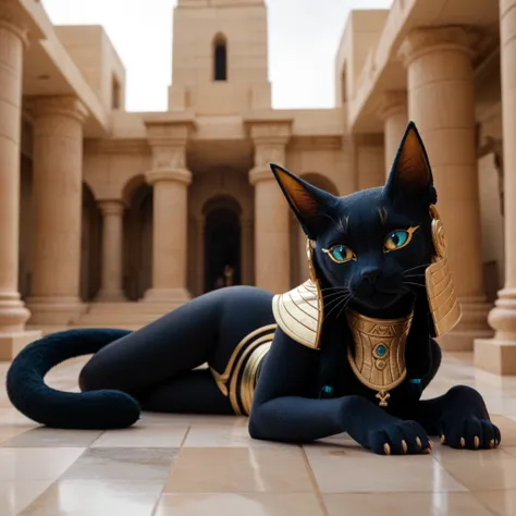 a close up of a person laying on a floor with a cat, Senna da League of Legends,  android girl in Egyptian ruins ,   photo of the ghost of Anubis  ,  epic 8 k hd anime shot , Bastet ,  anime style 4 K ,  extremely accurate details artgerm, Mystical Valkyri...