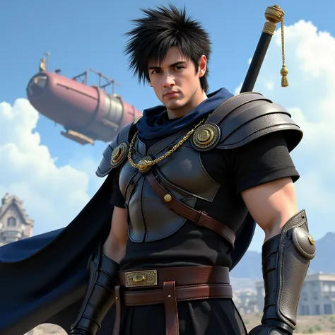 Warrior Man based on Final Fantasy VI. handsome, Moreno and with short hair .  In the background you can see a flying ship flying