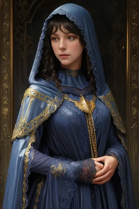 Beautiful (paladin:1.0), wearing a [:dark blue:.2] (lace:1.2) hooded cloak [:with gold embroidered trim:.3], (gothic choker), o-ring collar, [: :.2] fantasy art, concept art, delicate features, feminine, Chiaroscuro , (style of howard chandler christy:1.0)...