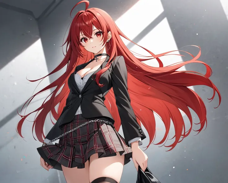  ultra high resolution, , Perfect image,  better quality, Kurai Eijirou, red hair, Ahoge, red eyes, choker,  cross chain , cleavage, black blazer, black jacket, plaid skirt ,  long hair  