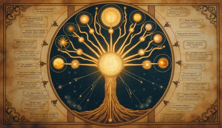 A front-facing, highly detailed Tree of Life diagram from Kabbalah, with each Sephiroth glowing softly and connected by celestial energy lines. Around the sacred structure, Hebrew glyphs, planetary sigils, and handwritten mystical annotations explain the p...