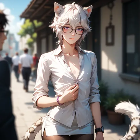 (Masterpiece), best quality, highest quality, highly detailed CG unity 8k wallpaper, original, high resolution, (depth of field: 1.5), fidelity: 1.3, solo focus, 1guy, male, shoulder length hair, white hair, purple eyes, white leopard ears and cat tail, fe...