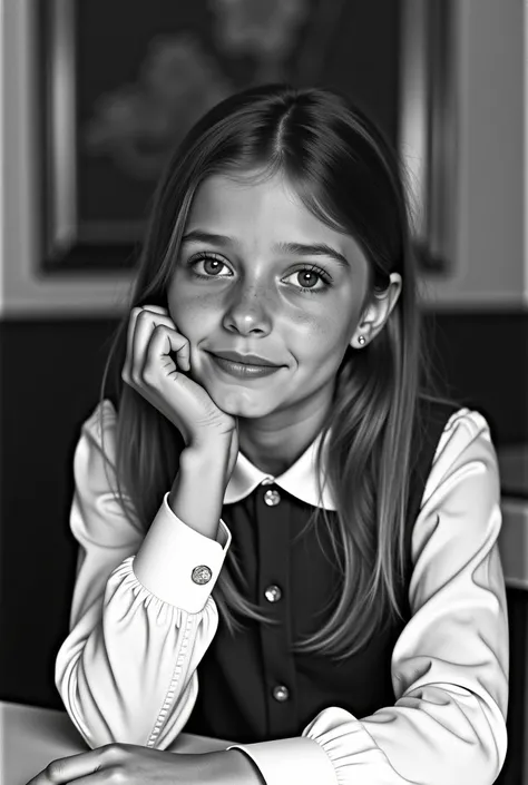 arafed black and white photo of a young girl sitting at a table, a black and white photo by Sylvia Wishart, flickr, fine art, beautiful young ornella muti, teenage female schoolgirl, taken in the 1970s, portrait of high school girl, young carrie fisher, ag...