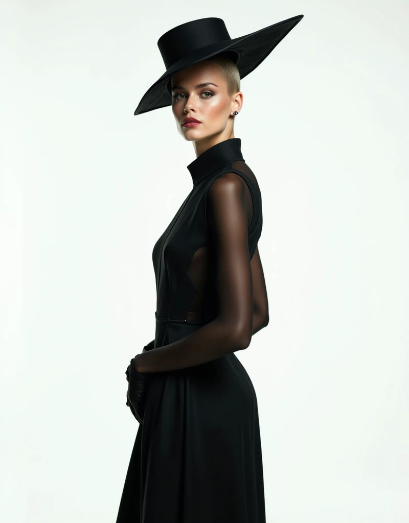 Real image of a female model posing in an elegant black dress in the style of Balenciaga and Lady Gaga and an elegant hat on a white background.