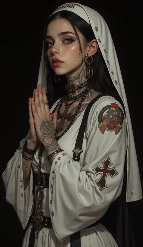  A girl dressed in a daring white nun style outfit ,  Mexican cross on a chain wrapped around the neck ,  hands together as in a prayer  , strong girl ,  Mexican tattoos all over the arm and neck , dark background with low light  ,  color contrasts in the ...