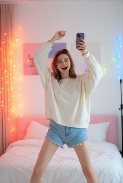 " A young digital influencer doing a viral TikTok dance in a modern bedroom with colorful LED lights.  She wears casual and stylish clothes , como um moletom oversized e shorts,  and has a smartphone mounted on a tripod in front of her , recording the vide...