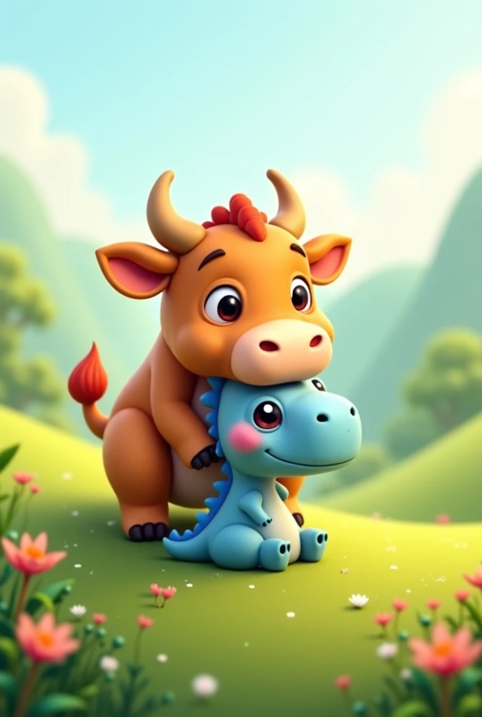 Cute bull with baby blue dinosaur
