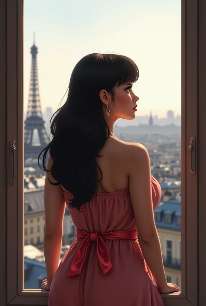 Chubby MILF mature woman with small breasts with very smooth black hair, shiny keratin keratin on her back without seeing her face looking out a window with Paris in the background without an Eifiel lanyard and a small ribbon of red silk tied around her wa...