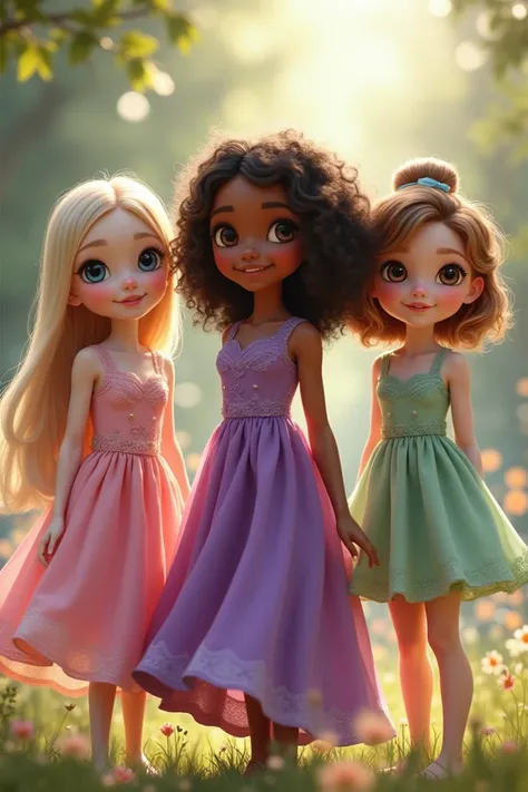 Create for me three girls ,  one of these girls has white skin and straight hair and wears delicate pink clothes , The second girl has dark skin but not so much ,  frizz-free curly black hair and a purple dress ,  the third and last girl has white skin sho...