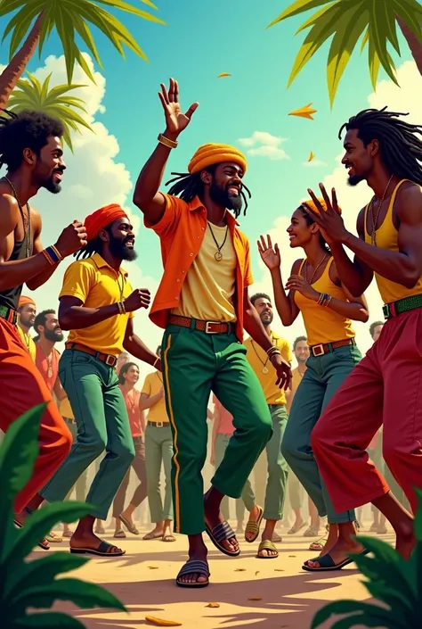  Create a poster in size 9 :16 with the reggae theme ,  just don't put any information written on the image,  only people dressed in reggae style dancing , Only include women but keep the main characters male