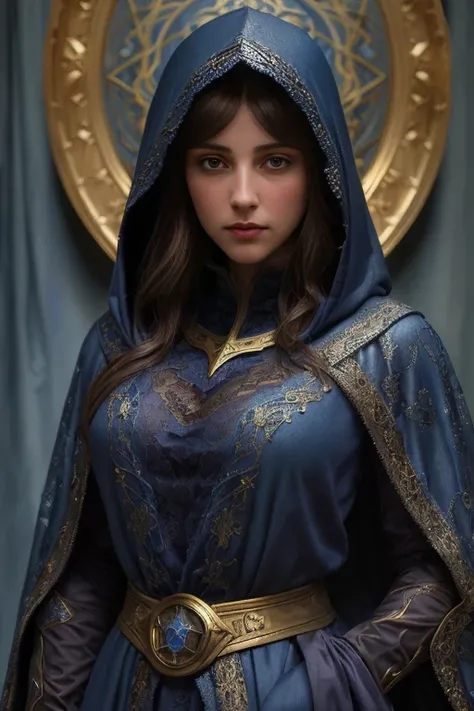 Beautiful (paladin:1.0), wearing a [:dark blue:.2] (lace:1.2) hooded cloak [:with gold embroidered trim:.3], [: :.2] fantasy art, concept art, delicate features, feminine, Chiaroscuro , (style of John Collier:1.0), 8k, highest quality, ( masterpiece by jea...