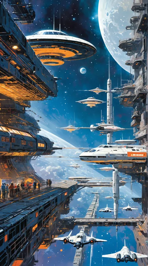 Inspired by John Harris, John Berkey and Shigeru Komatsuzaki  Style - Moon walk , Space Station, Science fiction illustrations, Retro-future. Sci-fi illustrations, Impressive retro-future Space Station, galaxy, Distant nebulas, Package art, like Thunderbir...