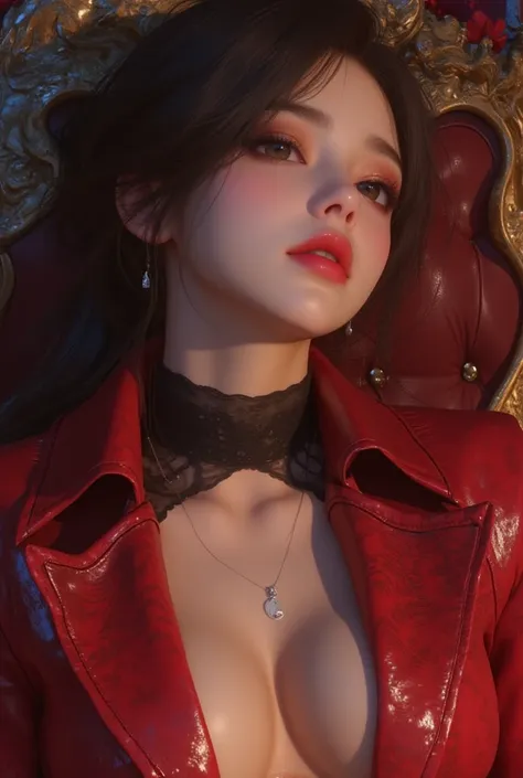  Final Fantasy style , Takahashi Kazunari's Masterpiece ,  facial depiction is very detailed , Fine grain 、 detailed face、  detailed hair  、Solo sexy girl  ,(( big breasted with a cross eye, deep cleavage )), A woman in a red coat is sitting on a chair wit...