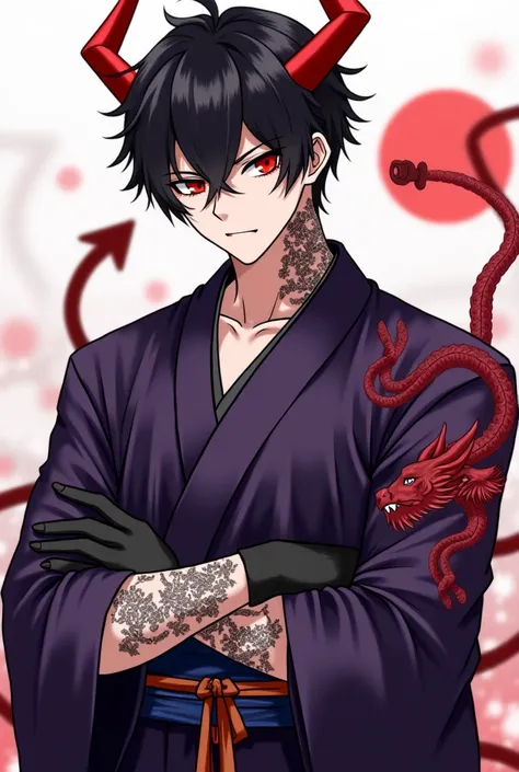 (male) ♂️♂️♂️ big boy. Muscular. Serious. I have black hair. The bangs of my hair are red. My right eye is black and my left eye is red. I have a black-red dragon tattoo on my right arm, starting from my hand, wrapping around my entire hand, and ending on ...