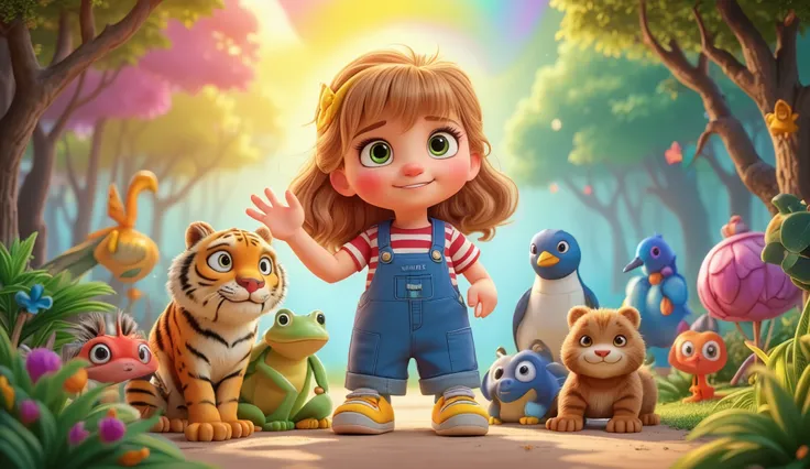 A magical rainbow forest with vibrant colors and soft sunlight. In the center, Anna, a cheerful  girl with shoulder-length, wavy light brown hair tied with a bright yellow ribbon, hazel green eyes, and rosy cheeks, stands with animals: red parrot, tiger, f...