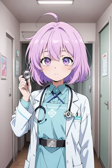 young cartoon girl with hair color #144343, wearing a doctor's outfit and a stethoscope, color #7faca9, cartoon character.