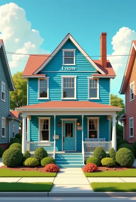 A retro like house with 2300 like outside with blue outside, on a street WITH OTHER HOUSES LIKE IT