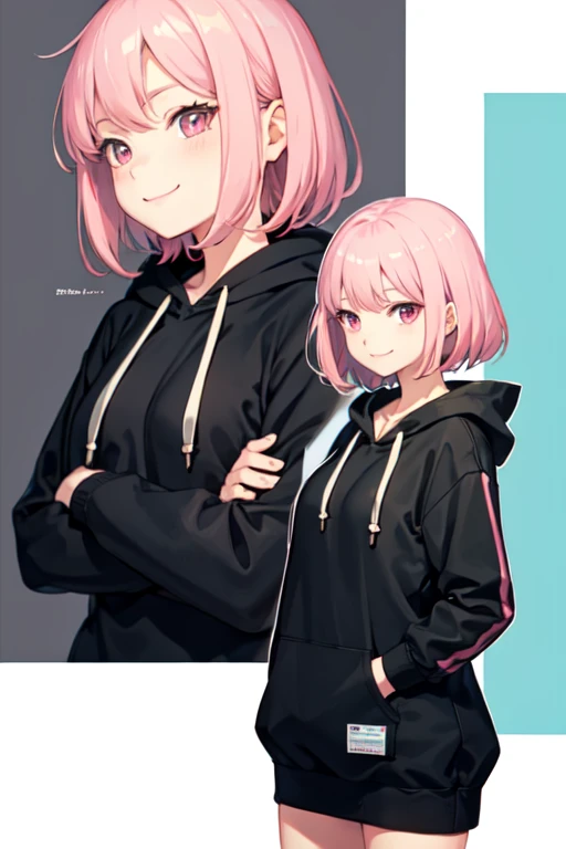 
smiling anime girl with pink eyes and short pink hair in (black hoodie) with arms crossed (PROFILE PHOTO) (FRONT) (4K QUALITY)