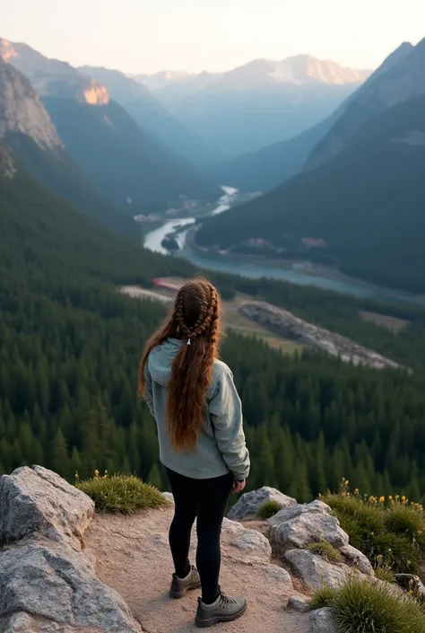 A young woman with braided hair stands on a rocky ledge in the heart of the Rocky Mountains, gazing out over a vast valley filled with evergreen forests and winding rivers. She wears a warm jacket and sturdy hiking boots, her hands resting at her sides as ...