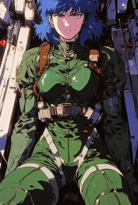 A futuristic anime character with short blue hair and striking red eyes, seated in a high-tech cockpit. She wears a sleek, form-fitting green pilot suit with brown straps and a white harness, exuding confidence and strength. The background features metalli...