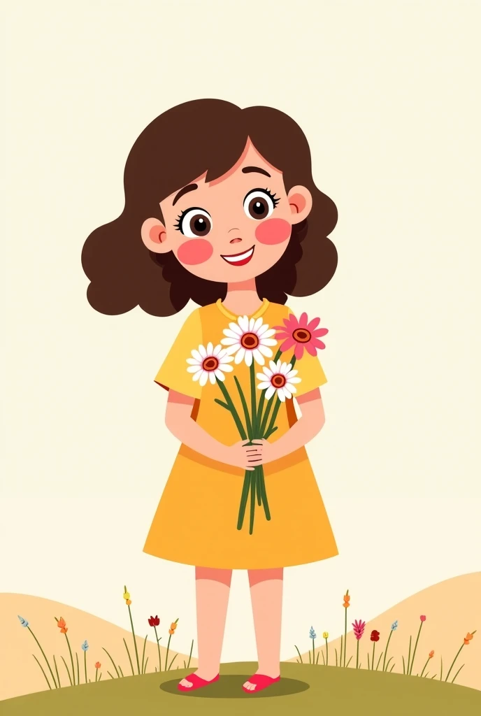 Little brunette girl ,  cartoon, Called Lorena ,  in a little dress and flowers in her hands