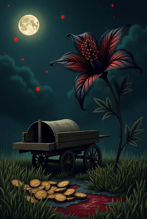 A dark night,  with a pair of moons together in the sky, two red stars together in the ,  a wooden cart with a canvas above ,  gold coins between the grass and a black flower with blood-red dots on its leaves and gushing blood