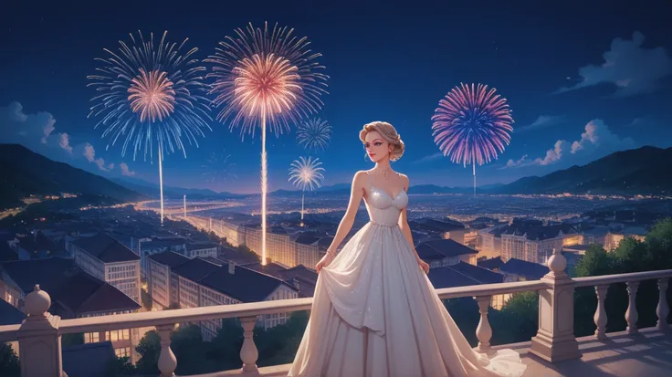 Fireworks, hill, Night view of the city ,  1 girl,  terrace,  dress, masterpiece, Masterpiece,  beauty 