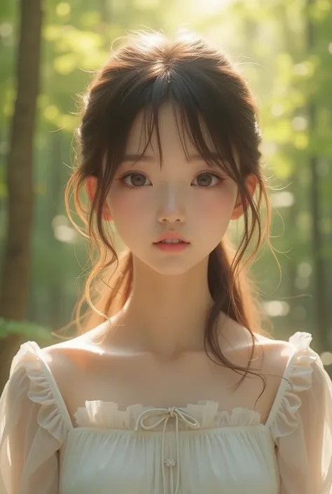  Very realistic ，  Ultra Clear ，  highest quality ， best quality，8k， raw pictures ， eyelashes super detailed，  super resolution  ，( surprisingly cute Japanese girl)， The whole body ，1 person，Facing the front ， Early morning in the woods  ， The bright rays ...