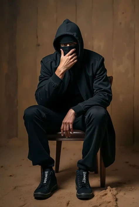 Man sitting on chair in black pent shirt and jacket with black sneakers and full face covered with black cloth tightly thinking something and the the background is scary egyptian theme with paroh and HISTOROPHOBIC written in a creepy way on feets side