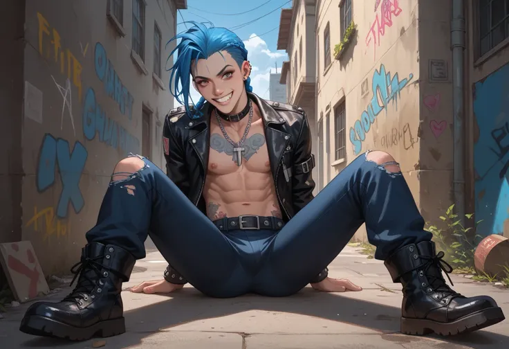 “Illustrate a male Jinx (“Jinx genderbend”) from Arcane. He has a similar facial structure to Jinx, but with slightly sharper angles. His skin is pale, and he has numerous tattoos and piercings. His blue hair is styled in a messy, choppy mohawk. He’s weari...