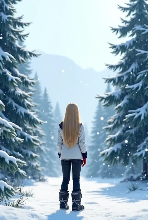 generate me a  girl sitting looking at the snowy landscape we see her from behind she is wearing a white ski jacket and black ski pants she has long blonde hair and there are fir trees near her