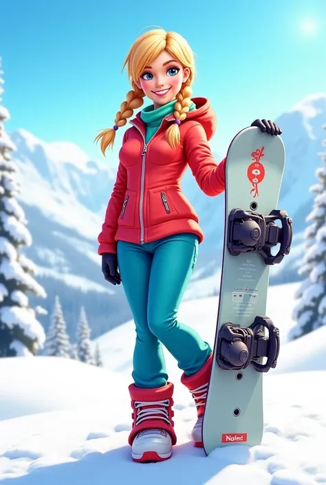 young woman, blond hair braided into two ponytails, beautiful smile, makeup, fit figure, wearing winter clothes, snowboard boots, holding a snowboard in her hand, standing on a snowy mountain