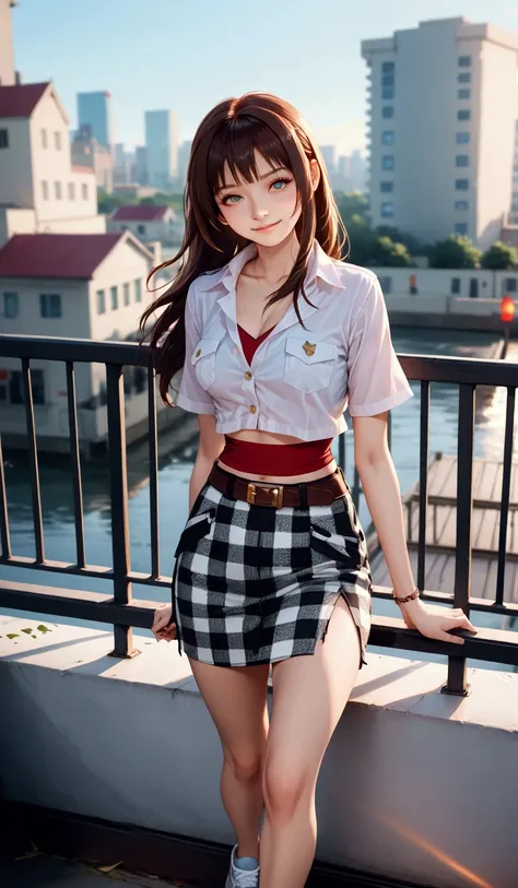 beauty age woman, leaning against railing, skyscraptor and river on background, BREAK, (brown long hair, single long hairlock), BREAK, ((white short sleeves collared jacket, open jacket), (red crop top ), black and white checkered cargo pencil skirt with b...