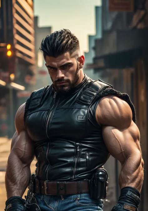 Ultra-realistic, highly detailed, chiseled young burly biker man with a muscular, shredded bodybuilder physique. His massive chest, broad shoulders, and veiny, tattooed arms exude power. His biceps and triceps are flexed, showcasing thick, vascular muscles...