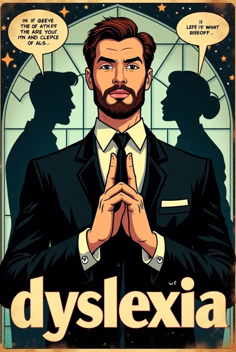  Retro comic illustration with aged texture . in the center,  makes a gesture of peace with both hands . He wears a black suit.  A brown-haired man with well-trimmed beard and elegant hairstyle .

 Behind it , two shadows in profile facing each other , , o...