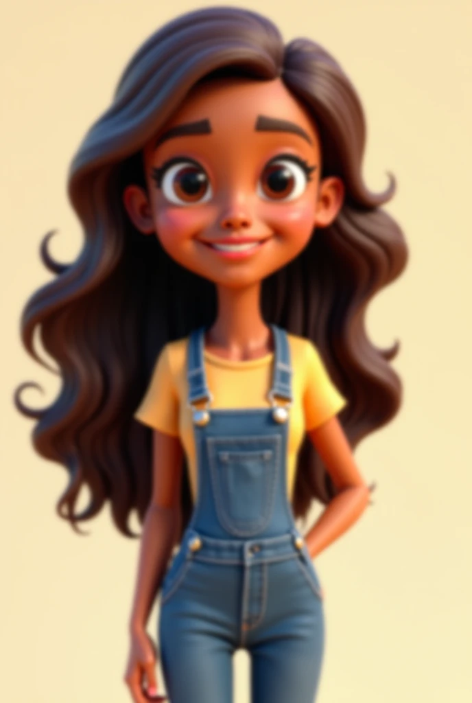  beautiful,  3D cartoon,  brown skin,  long wavy brown hair,  full body image , in overalls. 