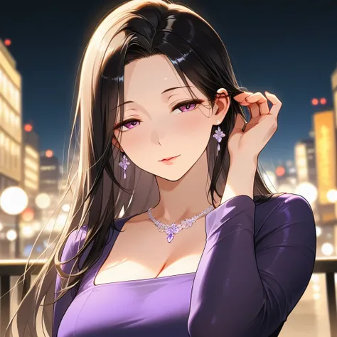 A mature woman with beautiful eyes staring at you. Mature body, long black straight hair, black, half lidded eyes, mature busty body, elegant bright purple dress, glossy lips, tucking a strand of hair behind her ear. Blurry city background.