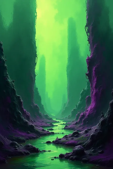 Create an abstract scene of a toxic environment with green and purple colors 
