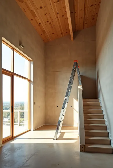 arafed roof on a house being built with a ladder, a portrait by Richard Carline, unsplash, light and space, tall ceiling, high ceiling, tall ceilings, ladders, very tall ceilings, high light on the left, open ceiling, vaulted ceiling, stairs to an upper fl...