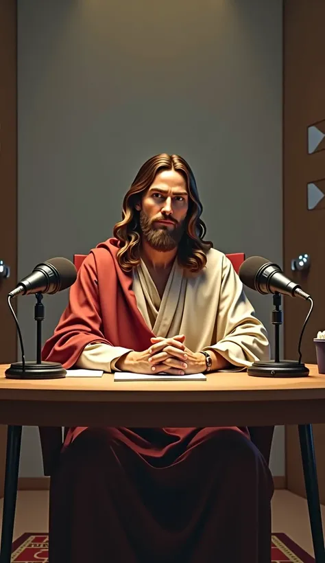 Jesus seated at a podcast table