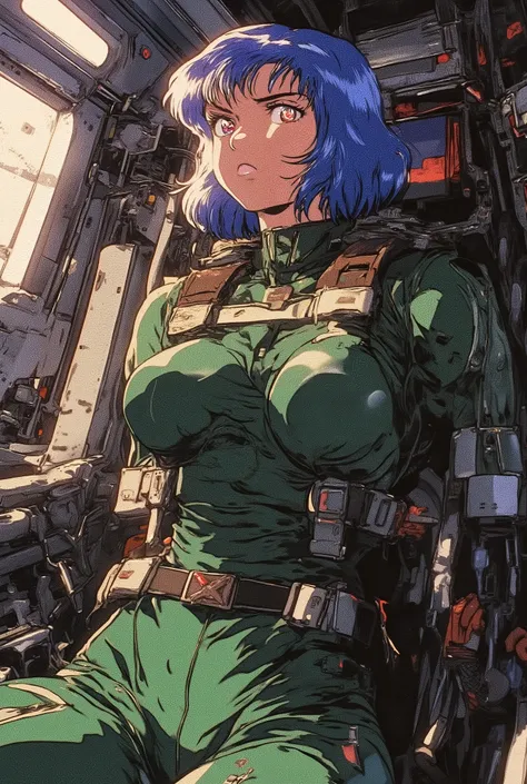 A futuristic anime character with short blue hair and striking red eyes, seated in a high-tech cockpit. She wears a sleek, form-fitting green pilot suit with brown straps and a white harness, exuding confidence and strength. The background features metalli...