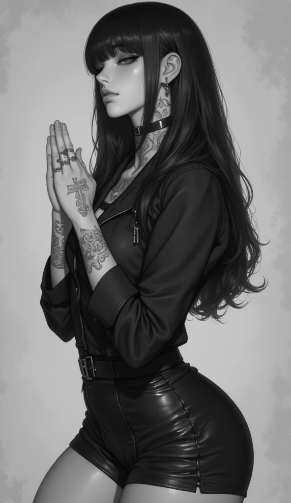 A girl dressed in a short suit ,  hands together as in a prayer , Serious posture and it's one of strength, empowerment, tattoo on the face arms and neck, Blur effect behind the character , Base colors black and white,  Side position.