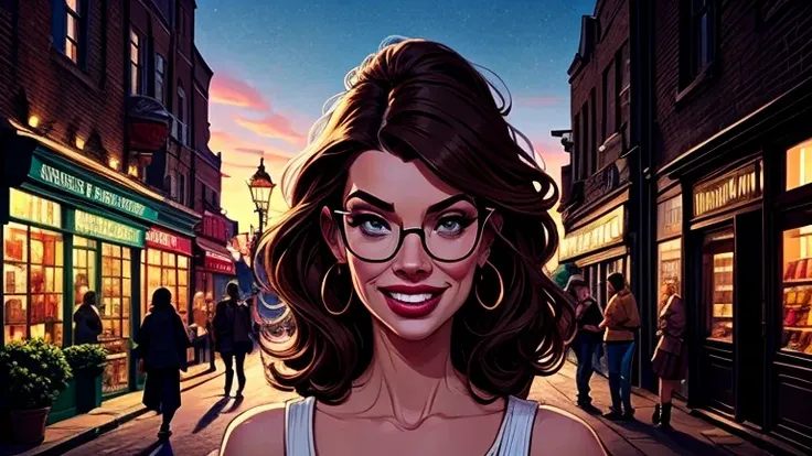  creates a background image of London stores. On the street there are people , and in the background you can see the London Eye . en la i.Agen looks like a brown woman, With black plastic glasses .  The image is very happy and fun .  Stunning digital illus...