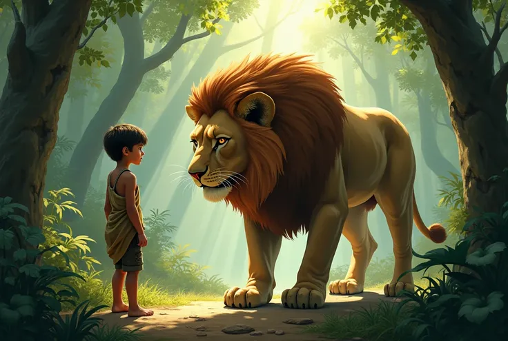 The boy stand in front of lion in forest 