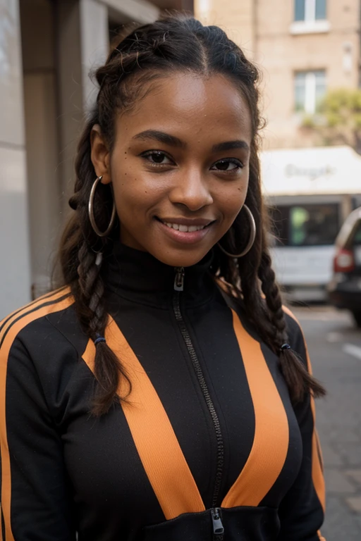 African black woman, very dark ebony skin, smile, dreadlocks chignon, Fitness musclular body, orange tracksuit , close-up portrait, from face, street Block 